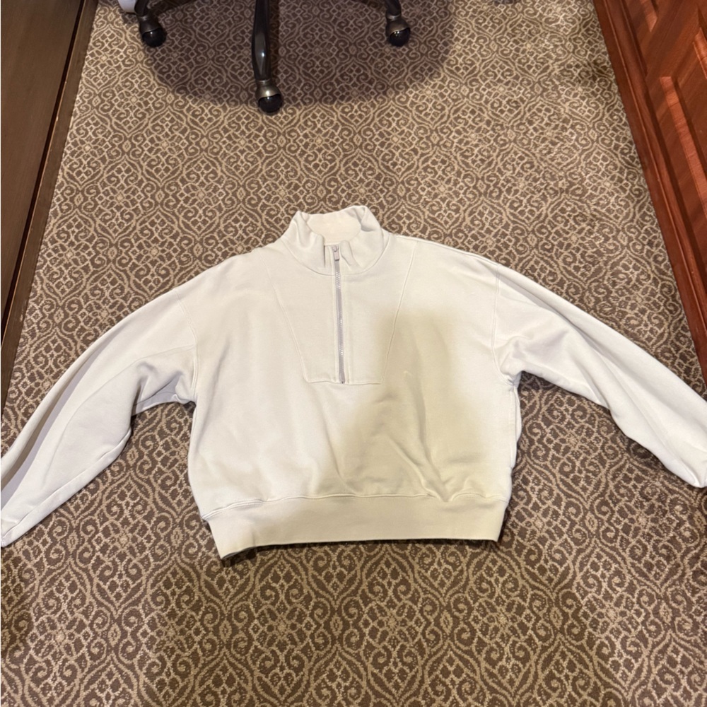 Women XS- Essentials Beige 1/2 Zip Pullover Sweatshirt. Stains on it.
